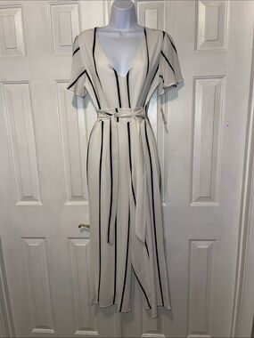Striped Cream and Black Wrap-Front Jumpsuit with Belt
